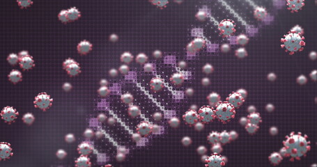 Cell particles surrounding dna strand in digital illustration, highlighting viral effect