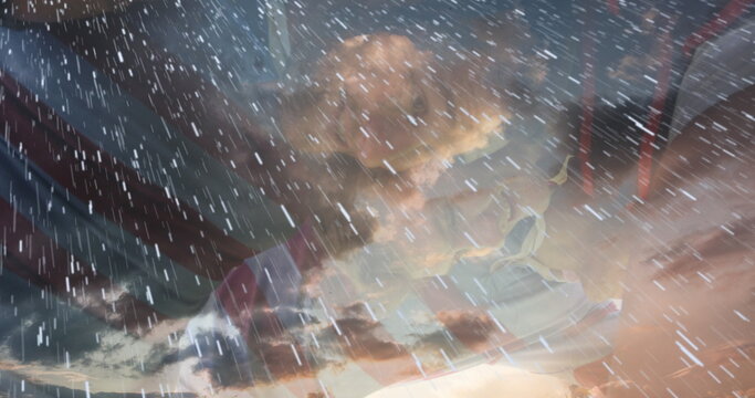 Fototapeta Raindrops falling against cloudy sky, creating serene and calming atmosphere