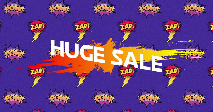 Huge sale text on red-orange splash over zap! and pow! in retro comic bubbles on purple - Powered by Adobe