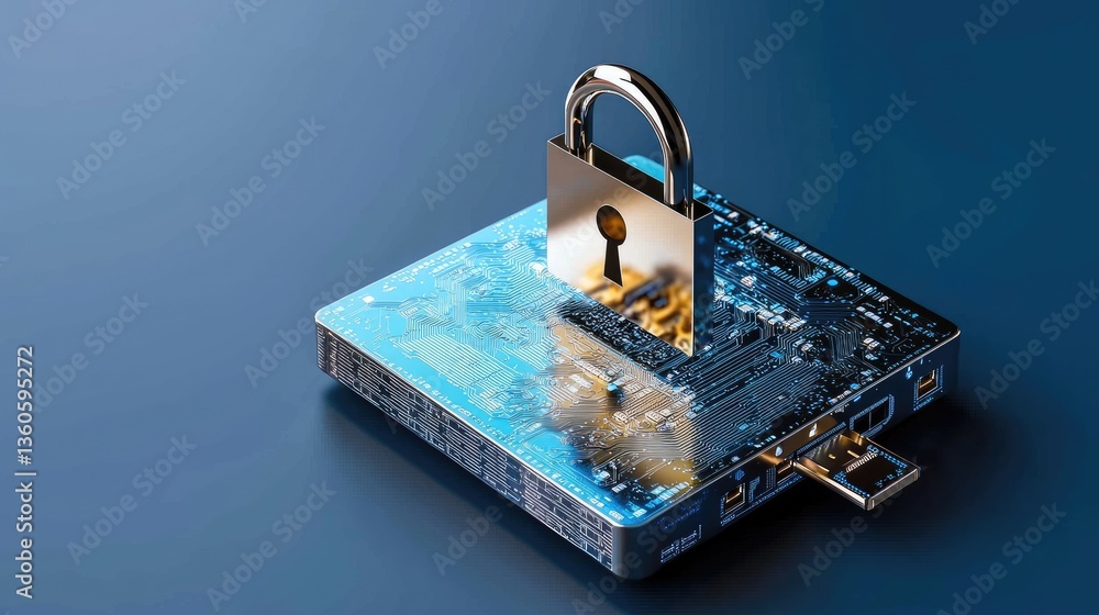 Poster protecting online networks with futuristic blue cybersecurity visualization and encrypted data flow.