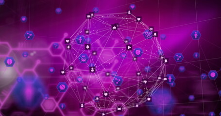 Digital network connections with icons and lines on vibrant purple background