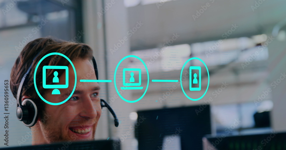 Poster smiling man with headset engaging in virtual communication at office