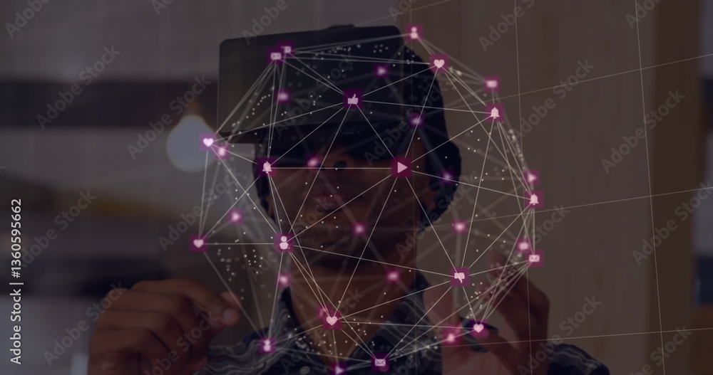 Poster man using virtual reality headset interacting with digital network interface