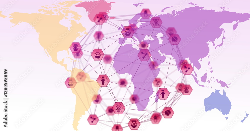 Poster digital icons overlaying world map illustrating global technology network connections