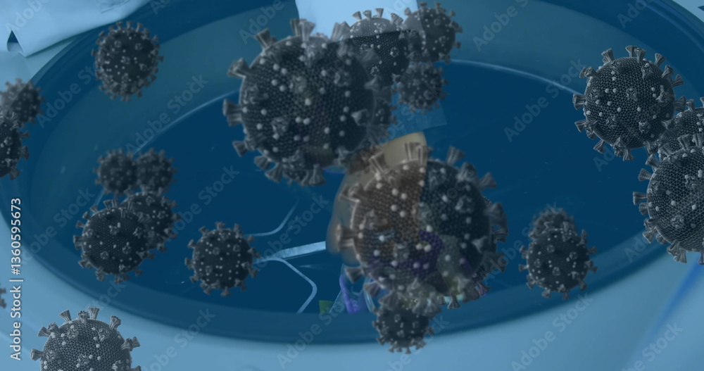 Poster floating virus particles under microscope in laboratory setting for research study