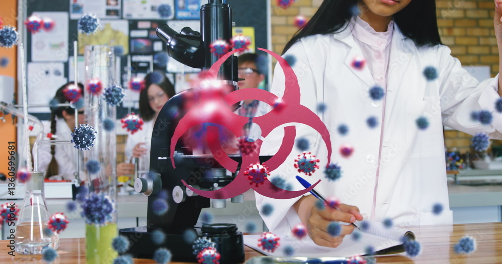 Poster scientists in lab coats conducting research with microscope and virus graphics