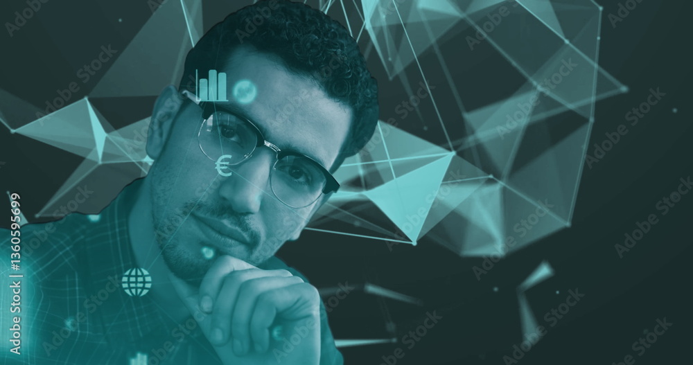 Aufkleber businessman analyzing digital data with futuristic graphics overlay, deep in thought
