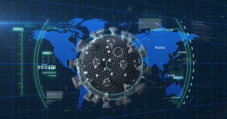 Data analytics overlaying digital globe, showcasing global finance trends on world map