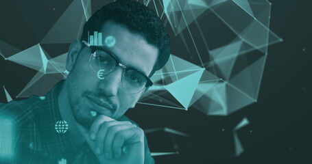 Businessman analyzing digital data with futuristic graphics overlay, deep in thought
