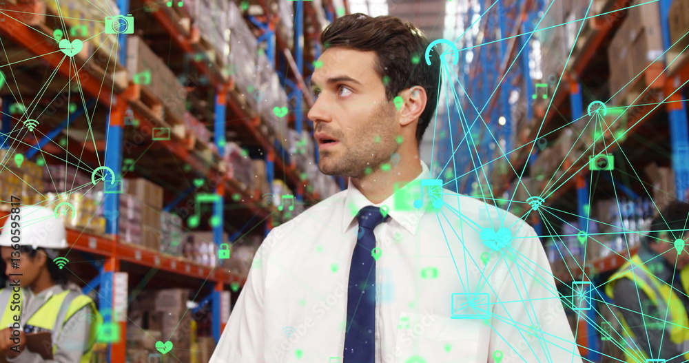 Poster image of network of connections over man counting stock in warehouse using digital tablet