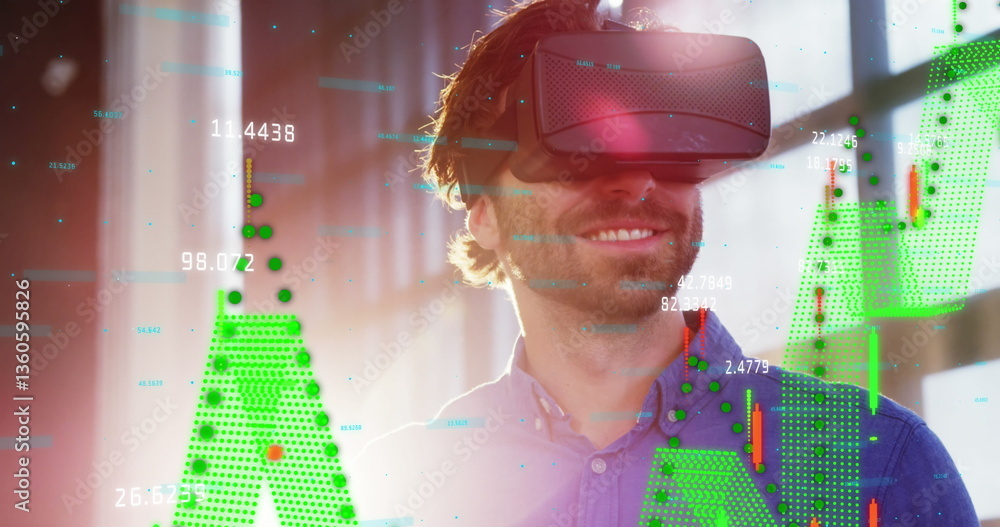Poster image of man wearing virtual reality headset over financial data processing and statistics recording