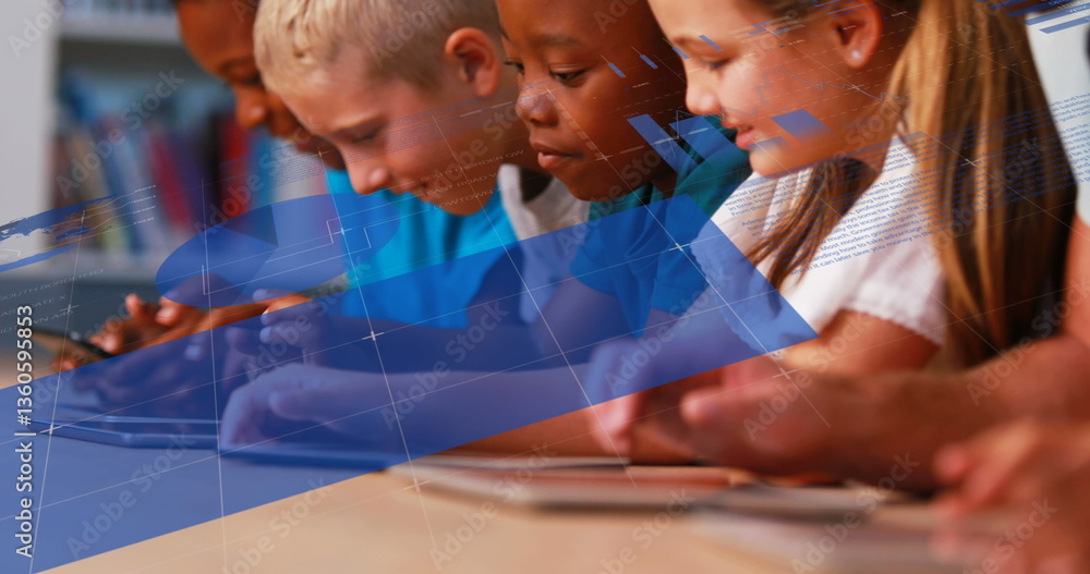 Poster image of digital interface over a row of primary school kids using touchscreens on tablet computers