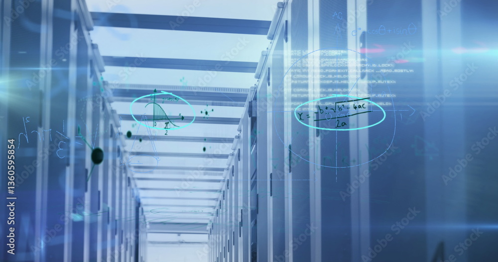 Poster image of handwritten mathematical equations over a network of computer servers in tech room