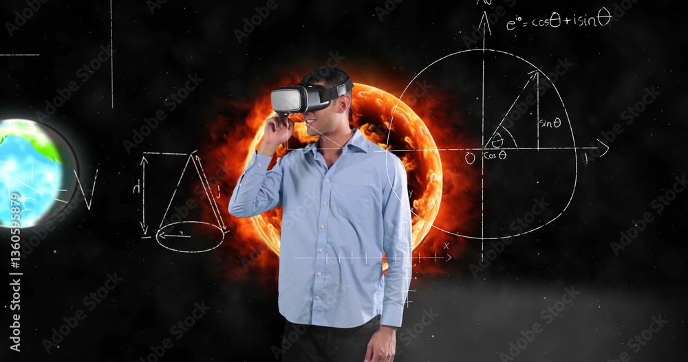 Poster using vr headset, man exploring virtual solar system with mathematical equations