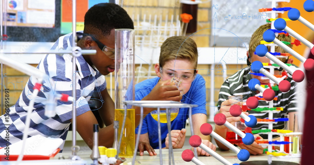 Poster conducting science experiment with test tubes, students in school focused and engaged