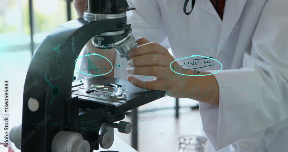 Poster scientist using microscope in lab, focusing on research with mathematical equations