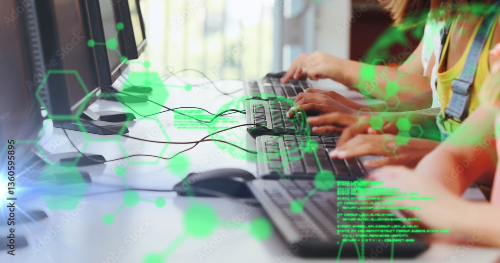 Poster image of digital interface with data and elements over mid section of pupils typing on computer keyb