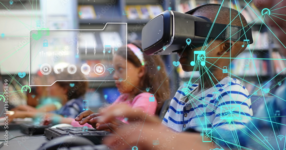 Poster image of digital interface and a network of connected icons over schoolboy using vr headset in a pri