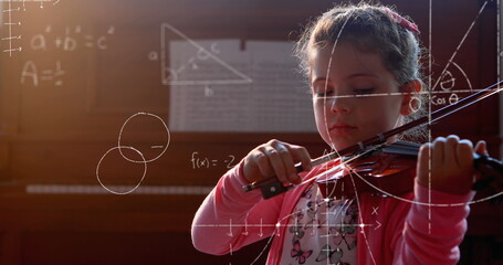 Young girl playing violin while mathematical formulas overlay, focused on learning