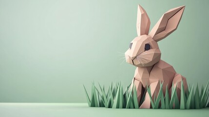 Paper Bunny in Grass, Pastel Background