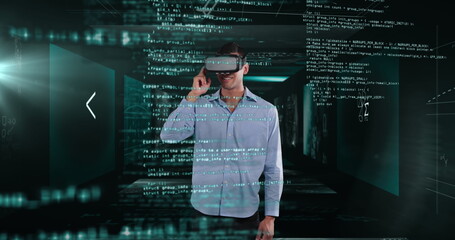 Image of man wearing virtual reality headset over screens with scientific data processing