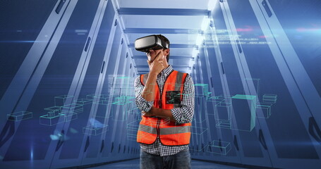Image of male engineer wearing virtual reality headset over server room and data processing