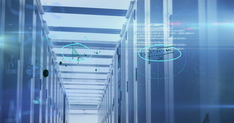 Image of handwritten mathematical equations over a network of computer servers in tech room