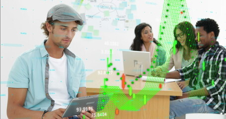 Image of data processing statistics over man using a digital tablet in a casual office