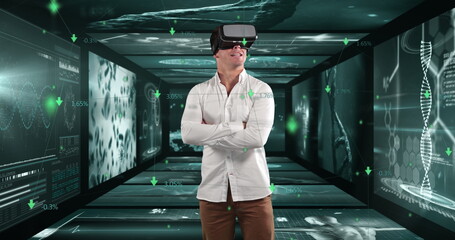 Man using VR headset exploring futuristic digital interface with virtual data