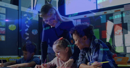 Fototapeta premium Image of lights and data moving over female teacher teaching children a lesson in an elementary scho