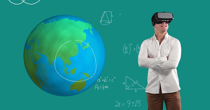 Man using VR headset exploring virtual globe with mathematical equations