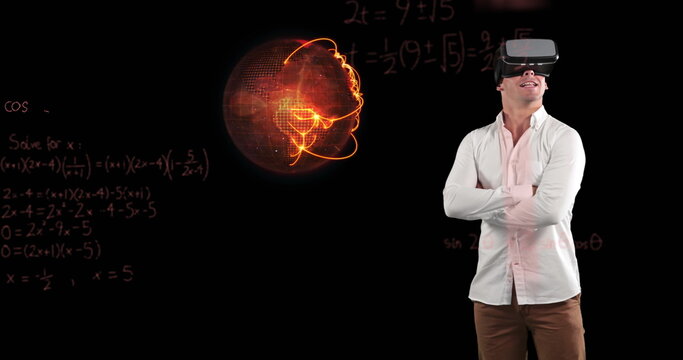 Man using VR headset exploring virtual math concepts with futuristic graphics