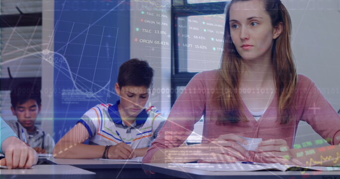 Image of digital interface and data moving over schoolgirl in classroom writing a note and passing i - Powered by Adobe