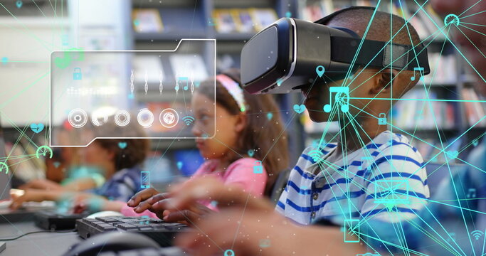 Image of digital interface and a network of connected icons over schoolboy using VR headset in a pri