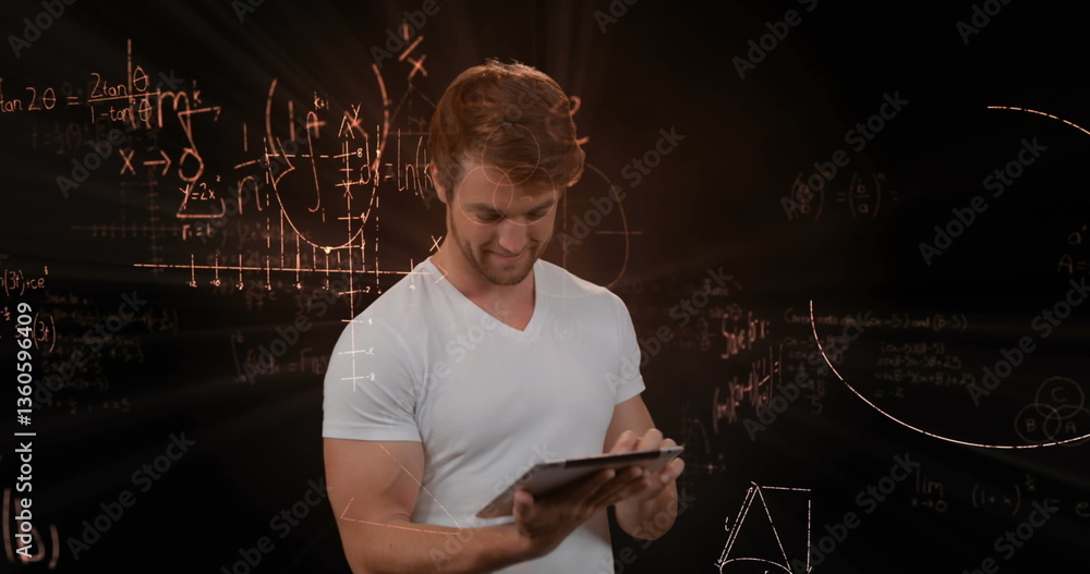 Poster using tablet, man surrounded by floating mathematical equations, focused on learning