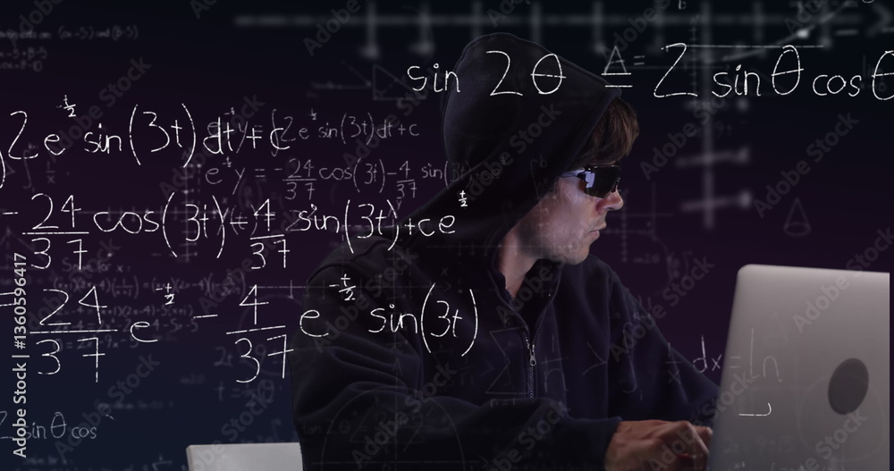 Poster hacker in hoodie using laptop with complex math equations on screen