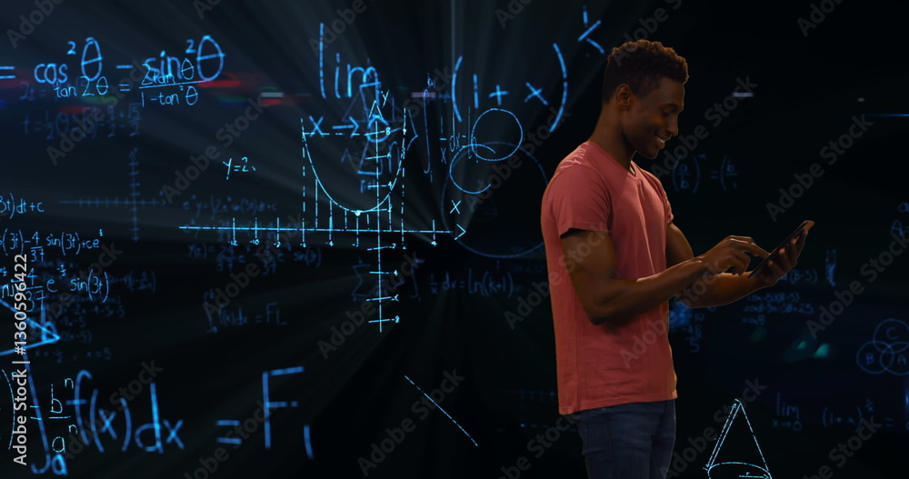 Poster young man using tablet with mathematical equations projected in background