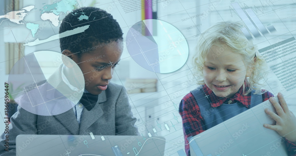 Poster in school, children using laptops and exploring digital interfaces with curiosity