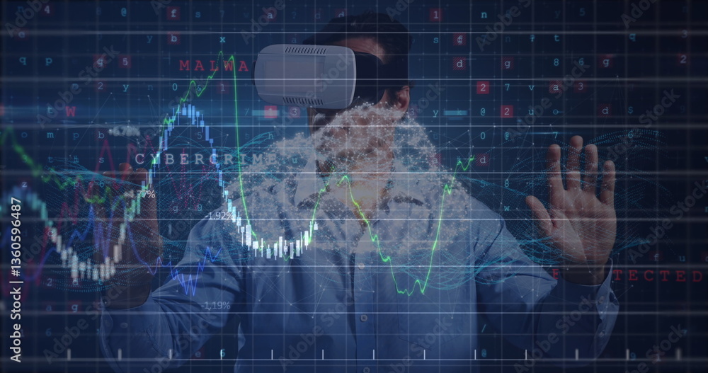 Aufkleber person using vr headset interacting with digital financial graphs and data
