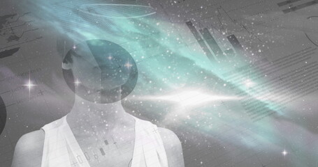 Futuristic digital interface blending with human silhouette and cosmic elements