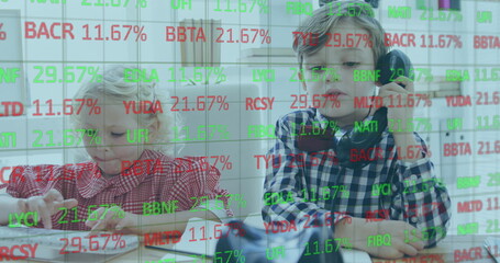 Children in office playing with phone and tablet, stock market data overlay