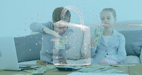 Counting money, children in school with digital lock overlay for financial security