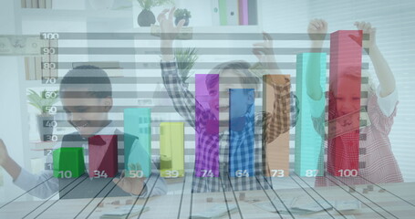 Children celebrating success with colorful bar graph overlay in modern classroom