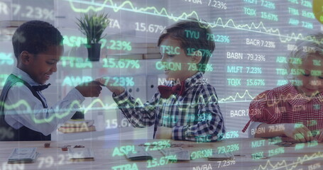 Children in school playing with money, digital stock market data overlaying scene