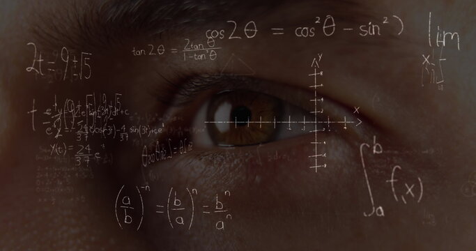 Mathematical equations overlaying eye, symbolizing deep focus and learning at school - Powered by Adobe