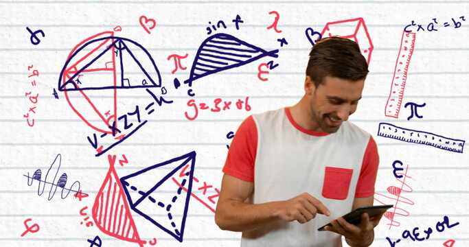 Young man using tablet with geometric drawings on school notebook background - Powered by Adobe