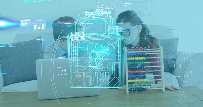 Man and woman using laptop and abacus with digital lock interface overlay