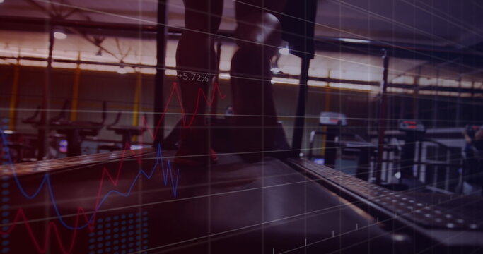 Running on treadmill with financial graphs overlaying, symbolizing economic growth - Powered by Adobe