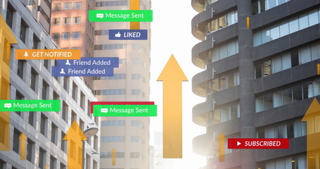 Image of falling social media icons and arrows over cityscape