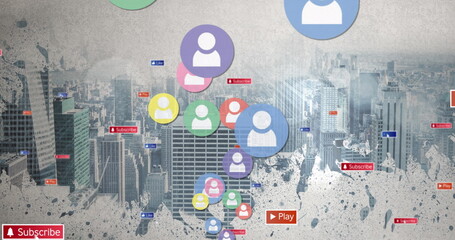 Image of falling social media icons and emojis over cityscape